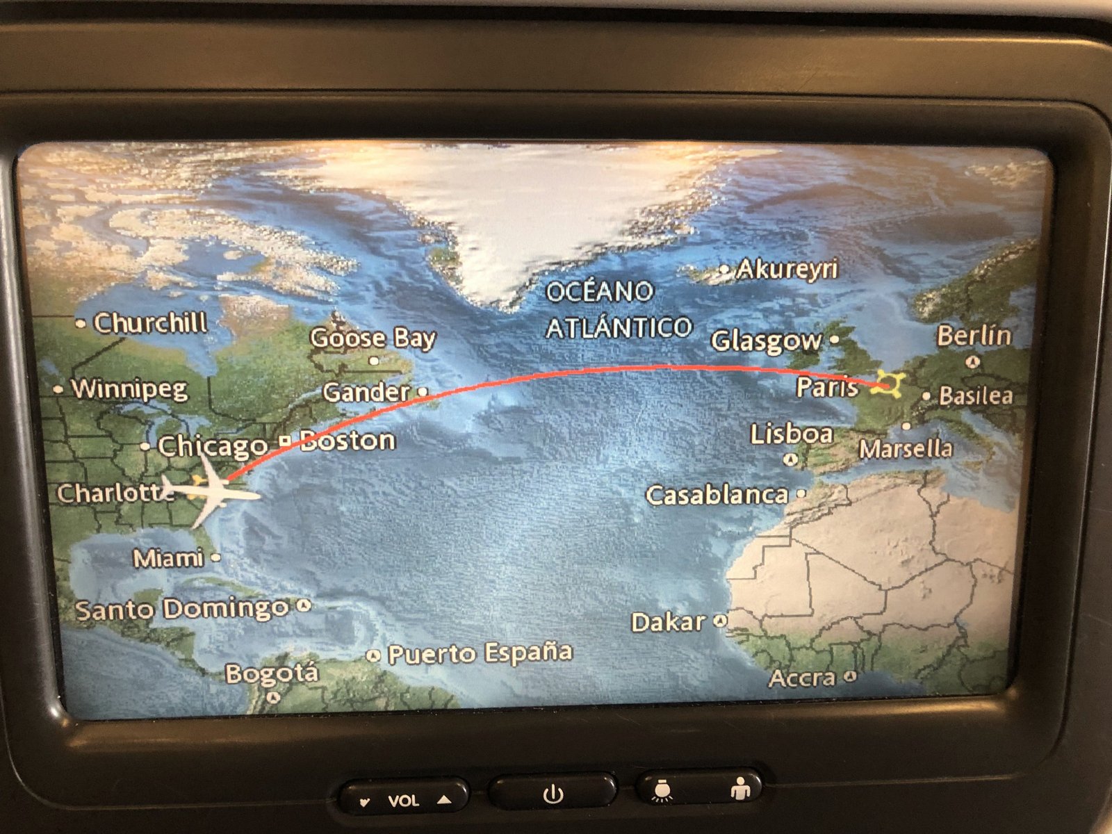 Image of in-flight monitor showing the flight path from Charlotte to Paris